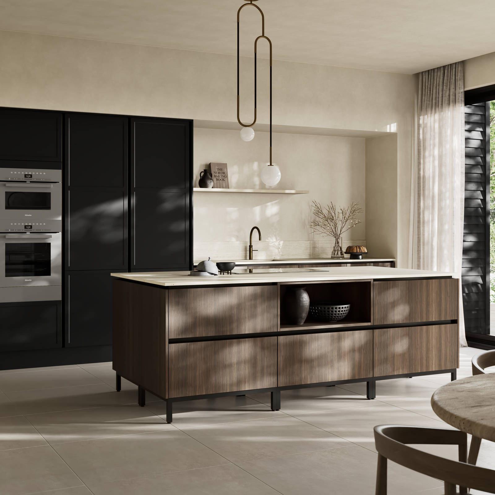 Handleless Integra Brunswick Sumi Black ultra-slim super-matt Shaker design and handleless rail system, with built-in ovens,  Portobello kitchen island and soft white marbled worktop and upstand, brushed brass tap.