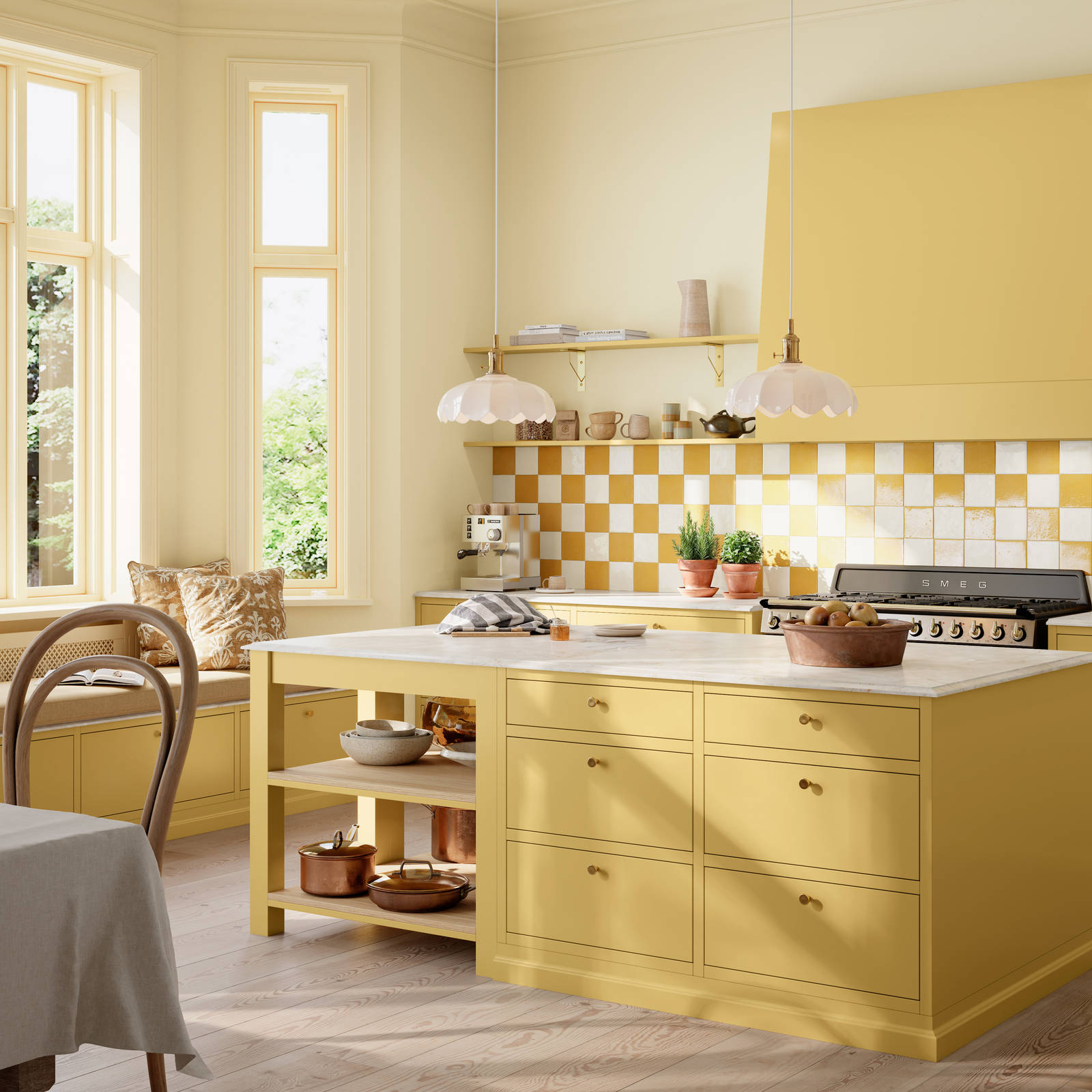 Kjøkken Line Inframe fra Sigdal med kjøkkenøya i farge Biscotti S 2030-Y10R med Ventilator Diskret Sense fra Røroshette i samme farge, fliser fra Fagflis og grep Dot ubehandlet messing