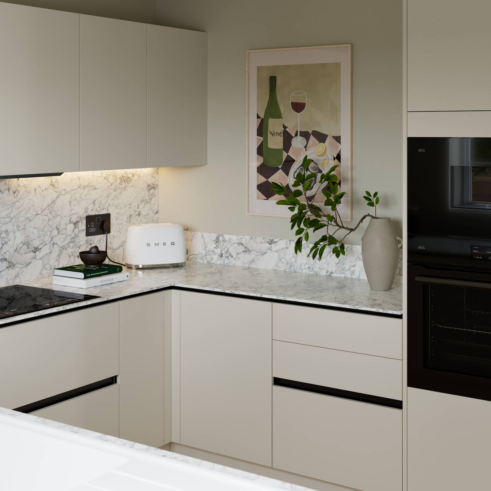 Light neutral shade fluted kitchen  with integrated appliances, white and grey marble worktop and upstand.