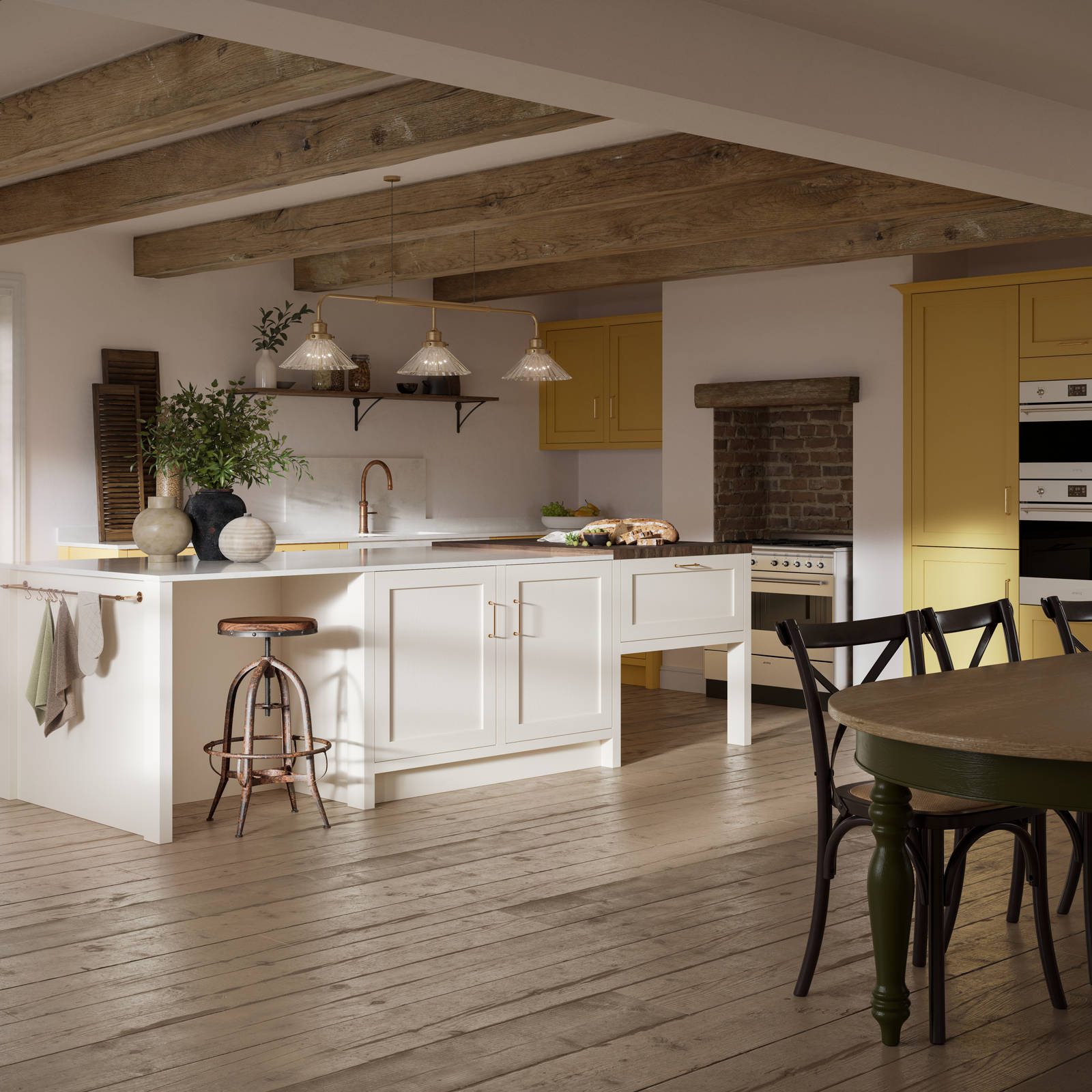 Open floorplan shaker kitchen in the bright and beautiful yellow shade Harvest, paired with a kitchen island with matching frame door cabinets in the shade Limestone.