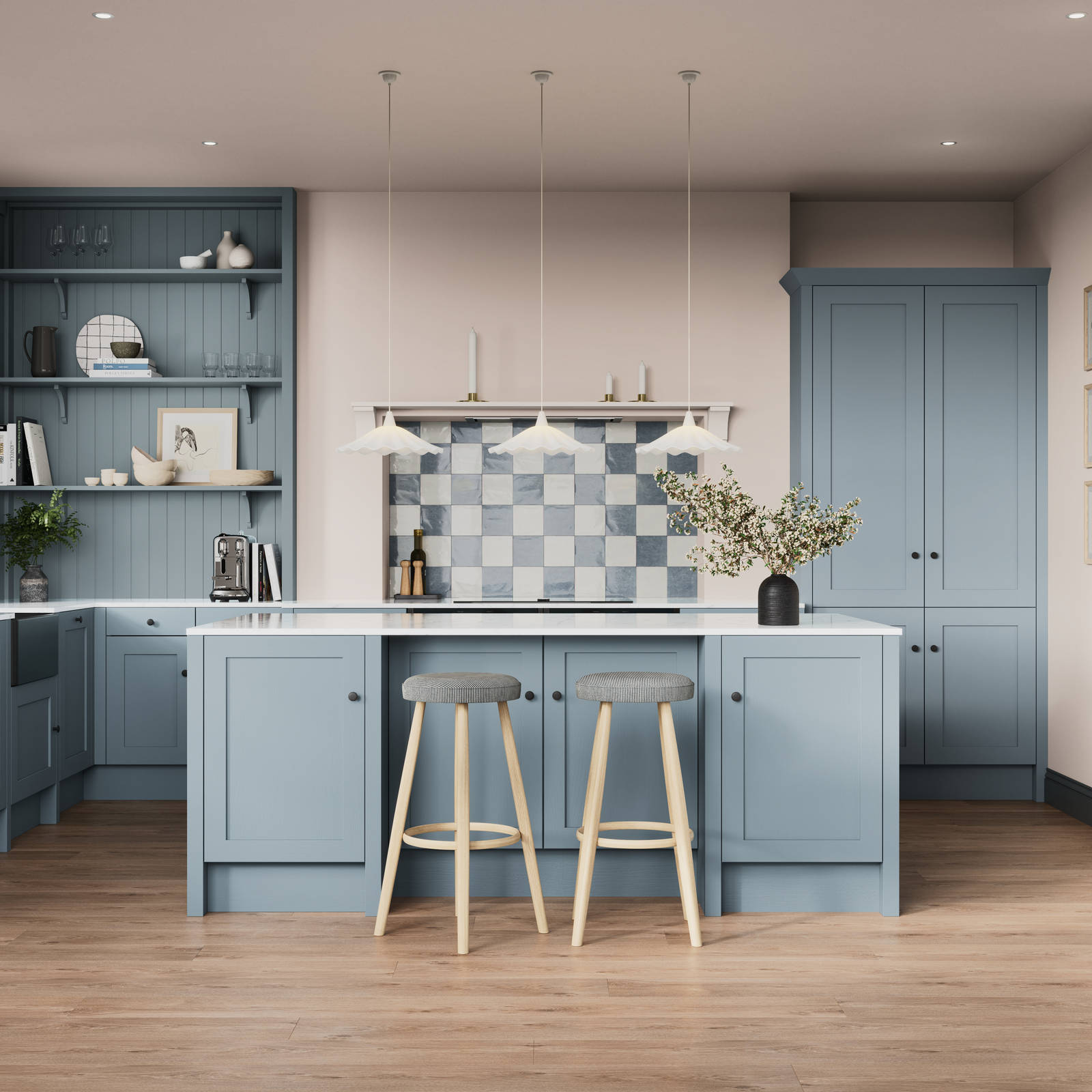Premium Shaker kitchen Wardley Portland Blue including kitchen island with traditional detailing, black accessories, white worktop and matching blue open shelves with blue panelling and checkered tiling over range cooker.