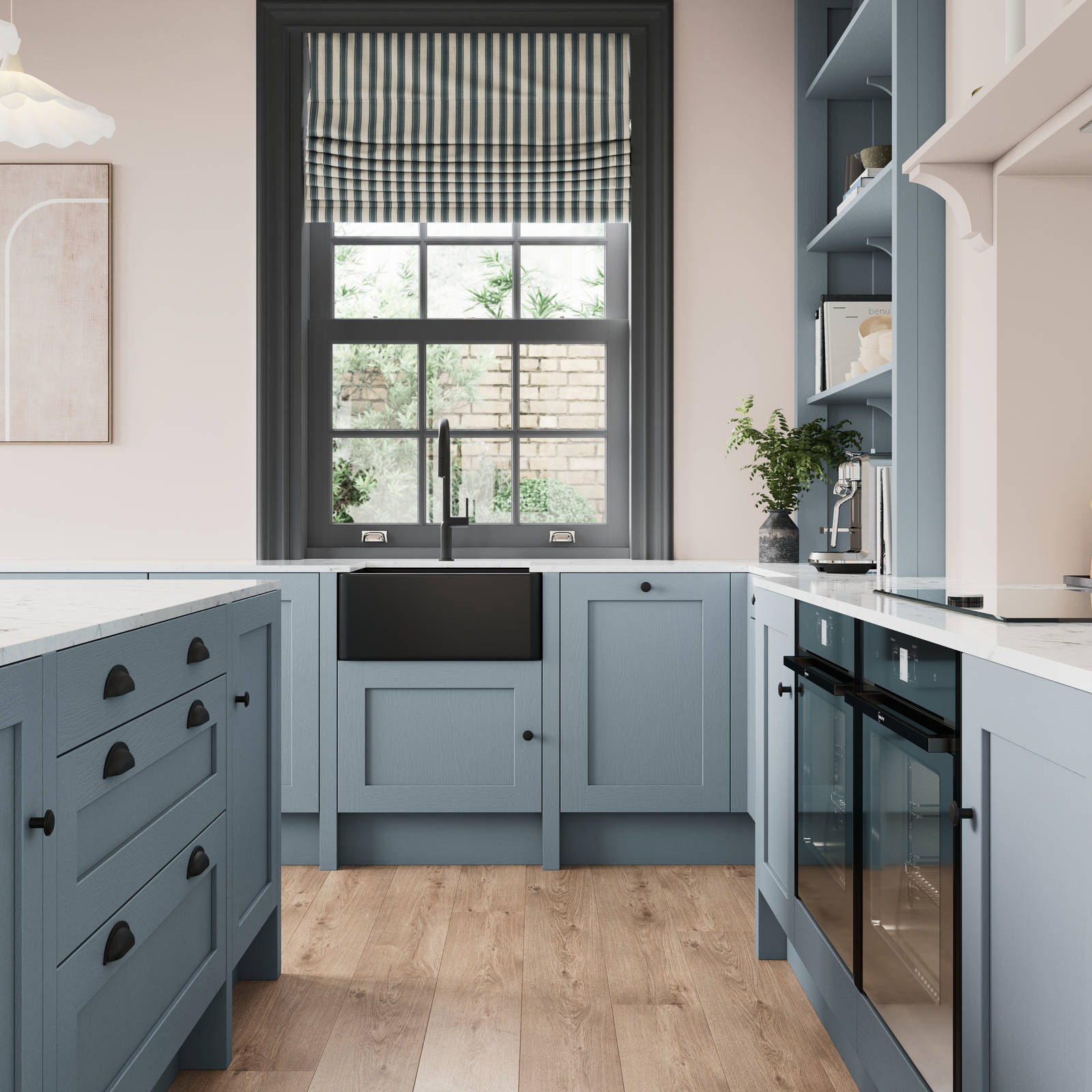 Parallell view of premium Shaker kitchen Wardley Portland Blue including kitchen island with traditional detailing, black accessories, white worktop and matching blue open shelves with blue panelling and checkered tiling over range cooker.
