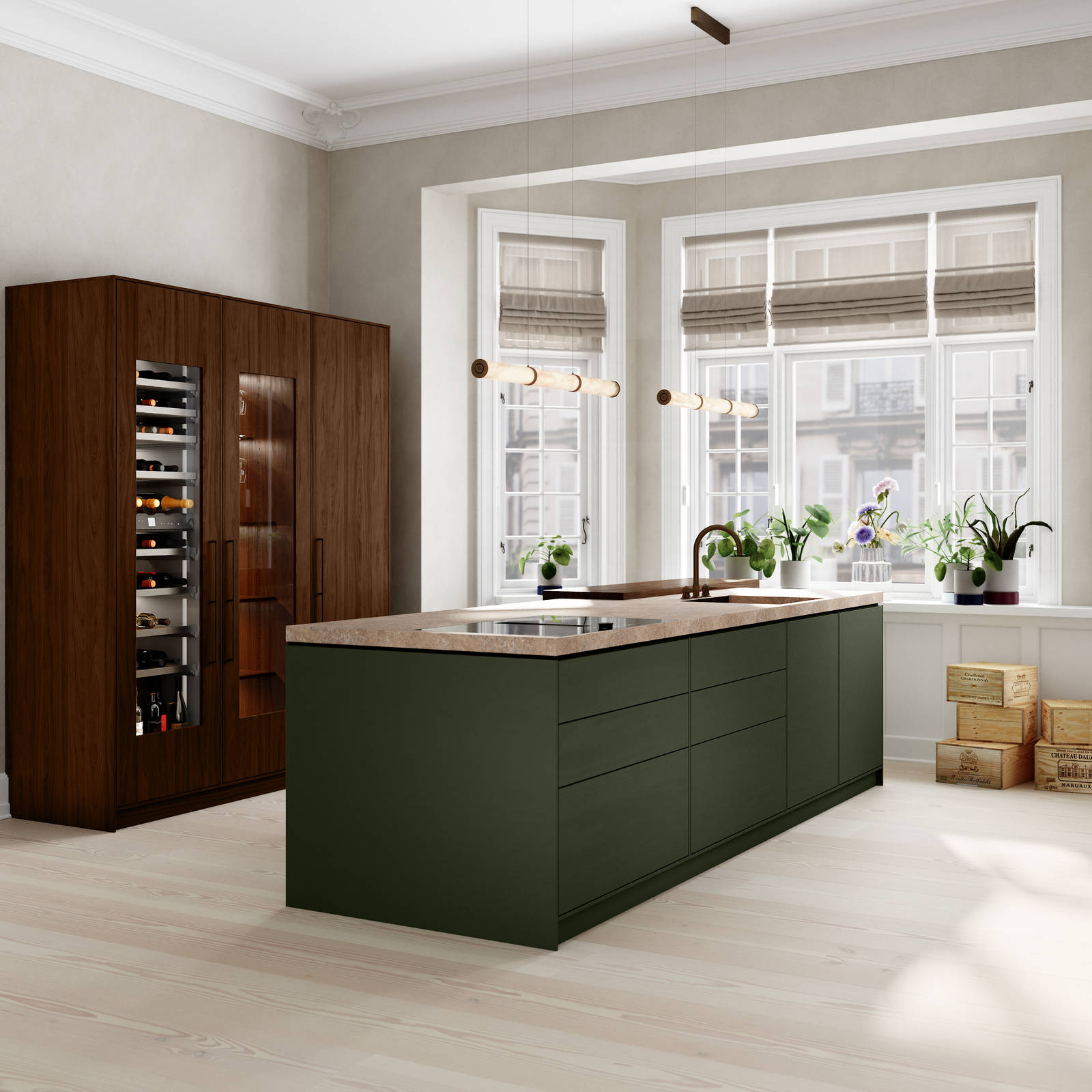 Herskabslejlighed med olivengrøn køkkenø og højskabe i valnød fra uno form