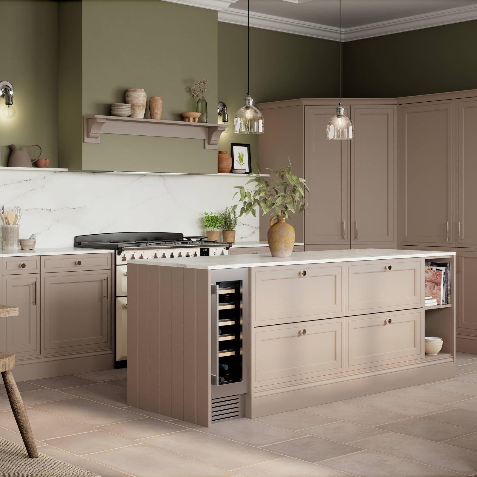 Shaker style painted wood grain Bewdley kitchen in neutral shade Cornish Clay, tall cabinets and kitchen island with marbled worktop and matching backsplash, wine cooler in the kitchen island and gas range cooker.