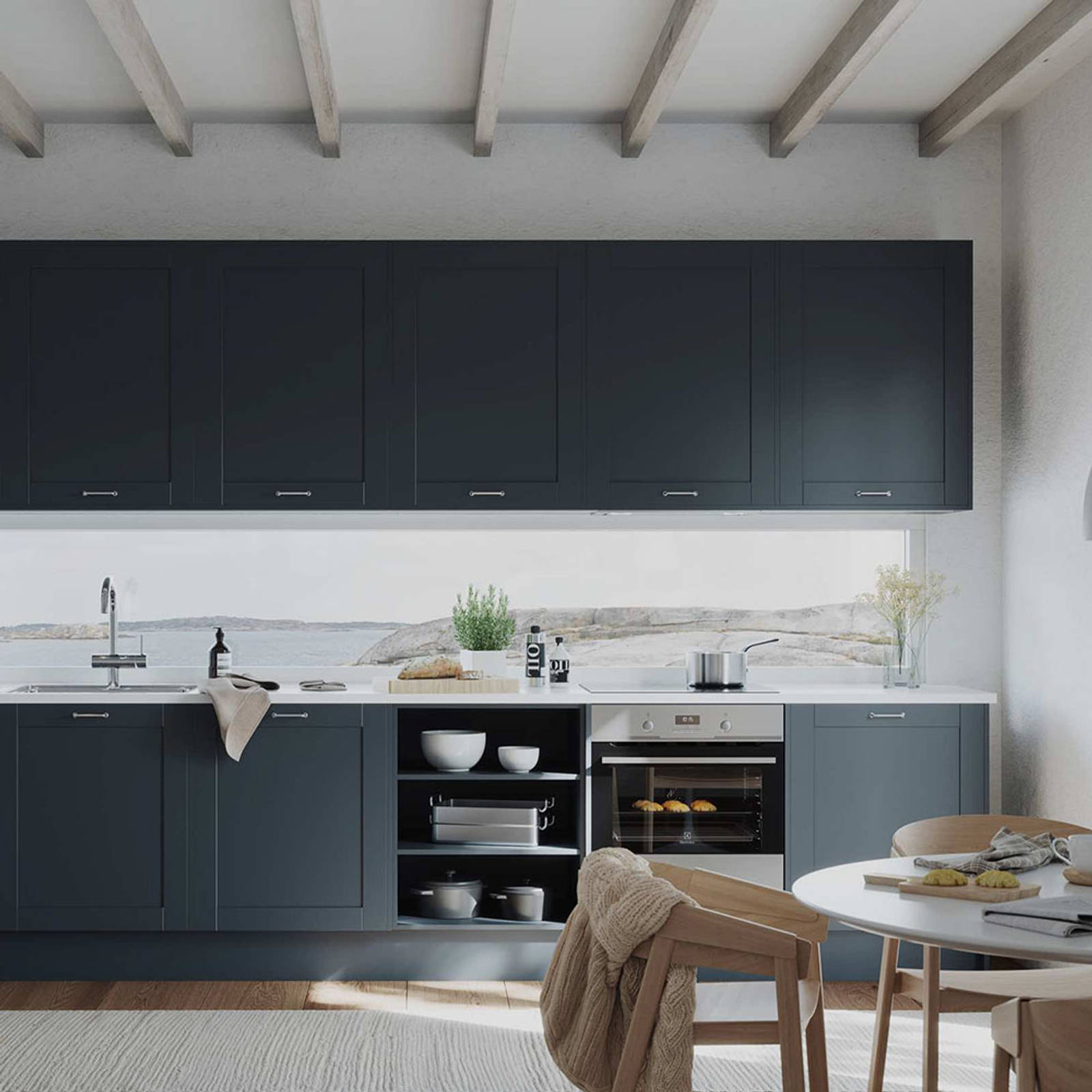 Blått Marbodalkök med vitvaror från Electrolux i.