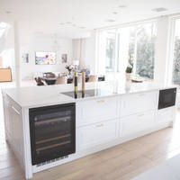 Keittiösaareke, jossa sisäänrakennettu mikroaaltouuni, viininjäähdytin ja koristeelliset sivut, jotka sopivat tyylikkäiden maalattujen karmiovien kanssa.