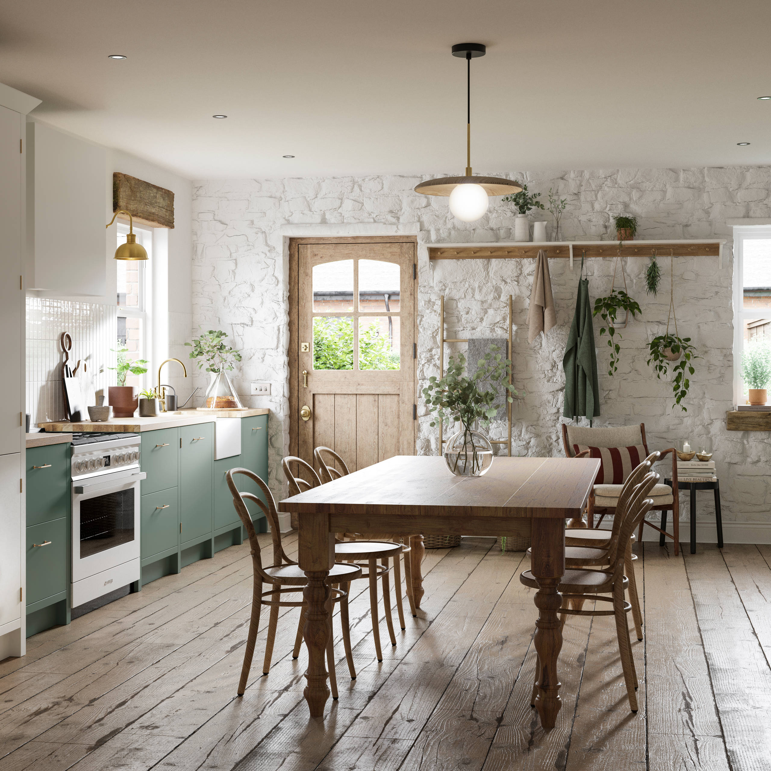 Full room view of contemporary cottage kitchen and dining room with Soho Eucaluptys and tall pantry cabinets in white.
