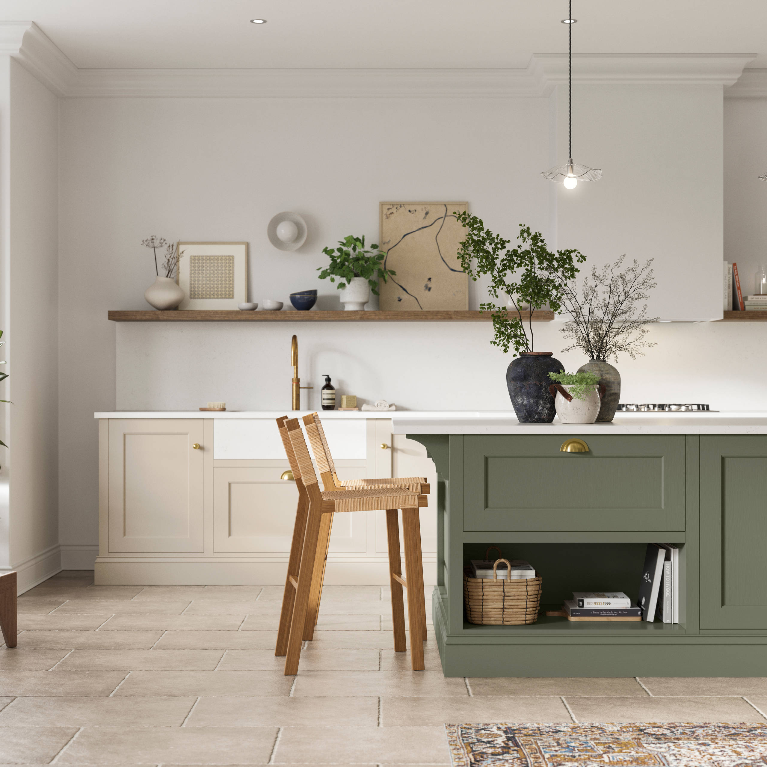 Traditional Shaker-style kitchen range in light shade Pebble path with a green Misty Moors kitchen island.
