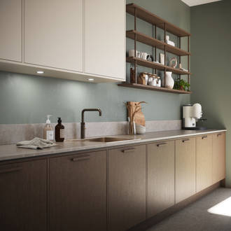 Norema kjøkken Design Akse areal beige åpne hyller