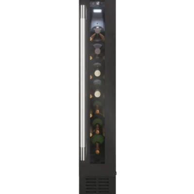 A refrigerated wine cooler in black, holding bottles of wine across vertical shelves.