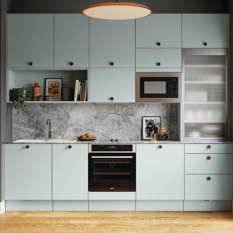 Soho from Magnet. Bold slab doors style this premium contemporary kitchen design available in 20 colours.
