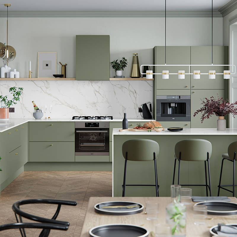 Soho from Magnet. Bold slab doors style this premium contemporary kitchen design available in 20 colours.
