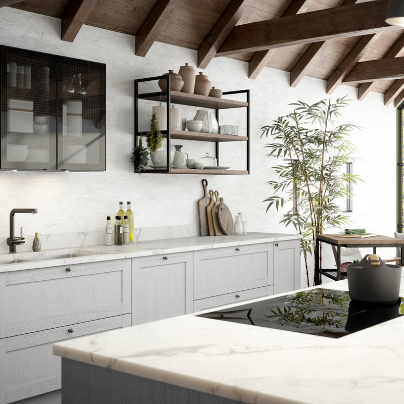 Rustikk og landlig kjøkkenmodell i heltre eik. Front med enkel ramme og slett fylling gjør at du kan variere uttrykket på kjøkkenet fra det helt moderne til det rustikke landlige preget alt etter hvilket tilbehør du velger.