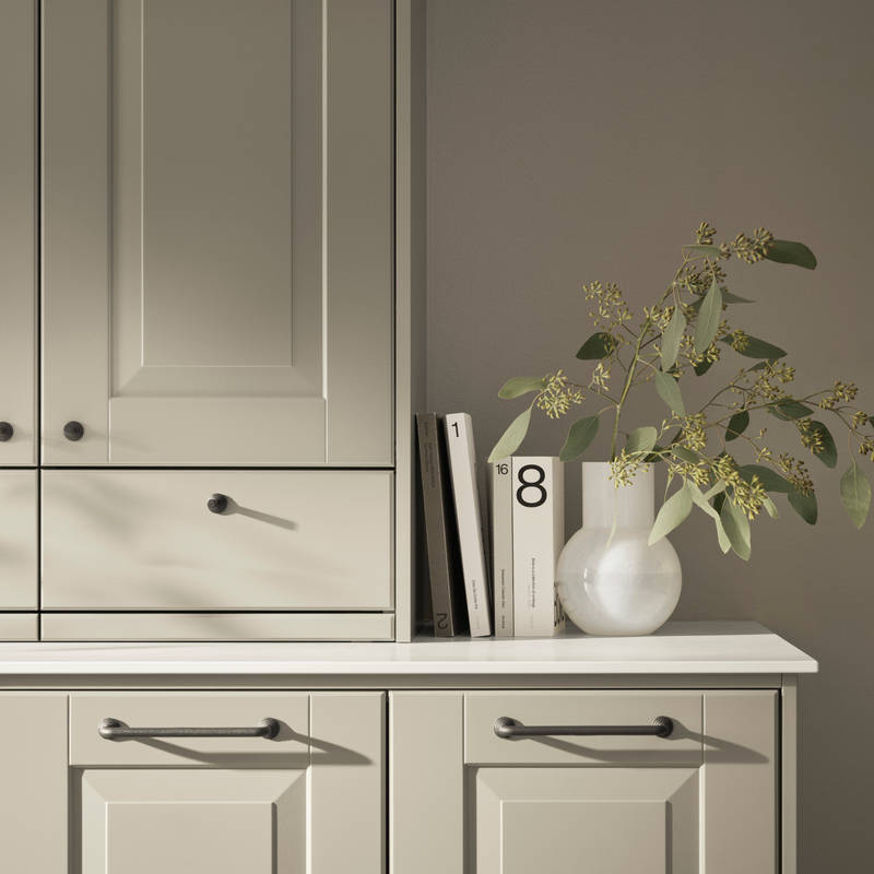 Marbodal Lindö - kök - kökslucka i kulören frö. Bänkskiva i kvartskomposit Concrete