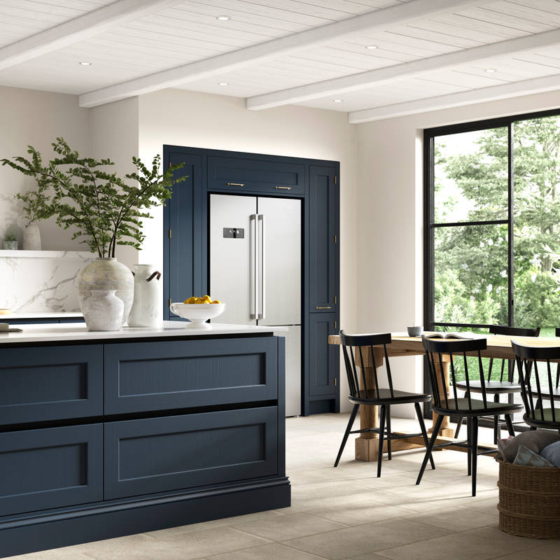 Integra Ludlow, a contemporary take on a Shaker kitchen, where the premium frontal features panelled doors with integrated handles,