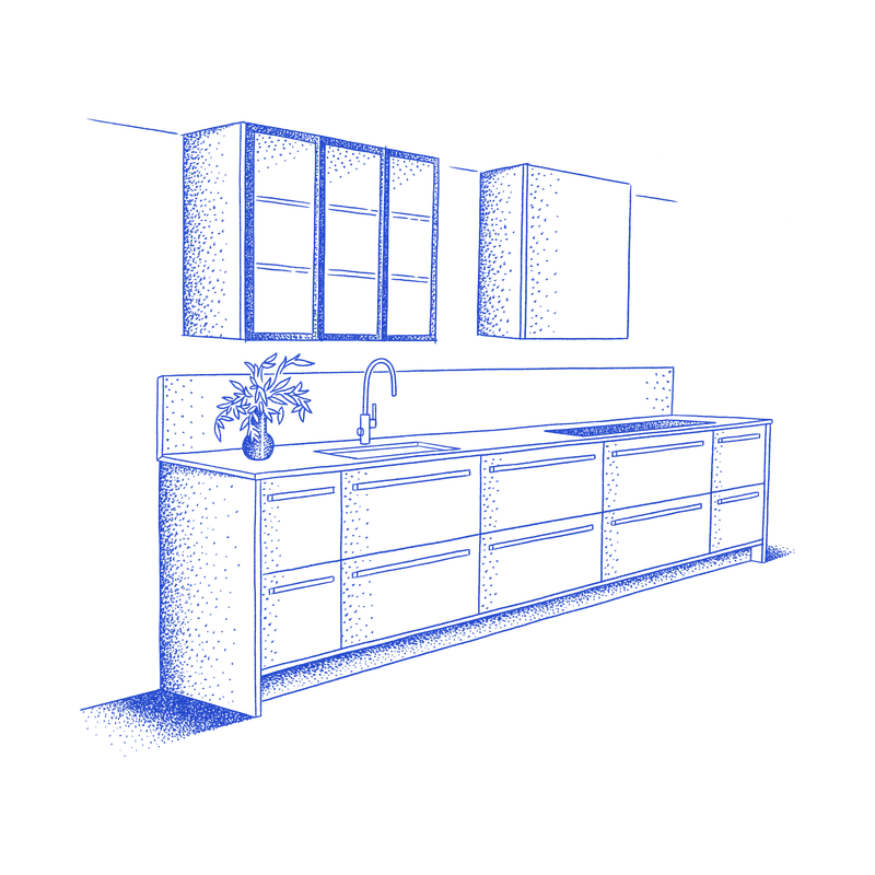 Illustrasjon av et lite kjøkken med 8 skap
