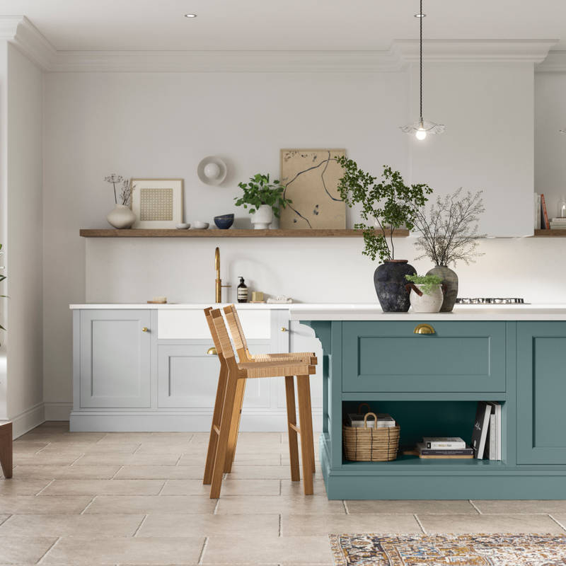 Traditional Shaker-style kitchen range featuring panelled doors with visible woodgrain and beading detail.