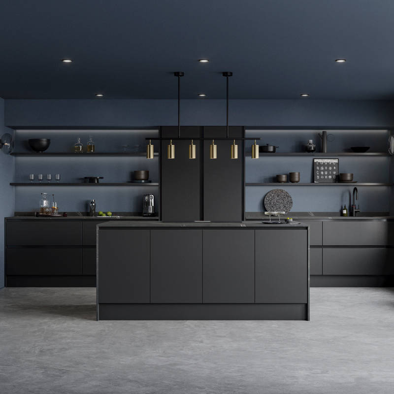 Open plan Integra Hoxton Sumi Black kitchen with kitchen island, with black accent details and black worktop, tap and whitegoods.