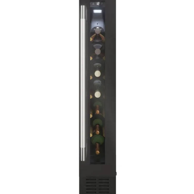 A refrigerated wine cooler in black, holding bottles of wine across vertical shelves.