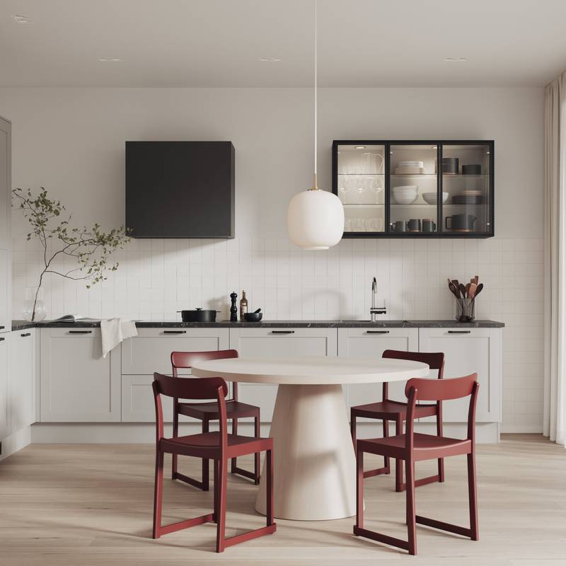 Lys grå kjøkken med ramtrefronter, sort aluminiumvitrineskap och spisebord med rød stoler.