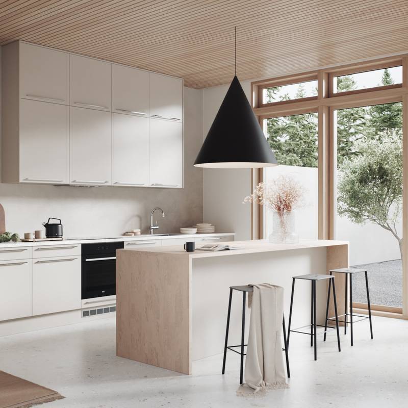 Svært prisgunstig beige kjøkken med rengjørings-vennlige fronter med laminatbenkeplate eik, bardisk og krom håndtak