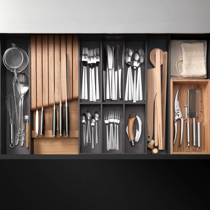 Öppen kökslåda med inreden i ek