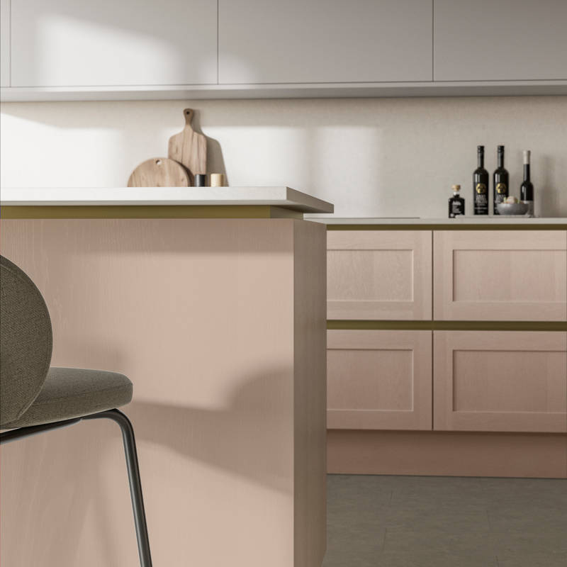 Handleless Shaker kitchen Integra Wardley Chalk Blush is traditional and contemporary with its narrow frame door with integrated handles and a painted timber finish.