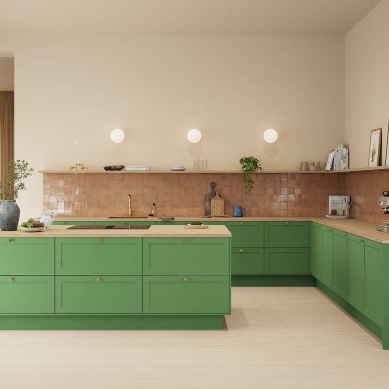 Kjøkken Scala fra Sigdal med kjøkkenøya i farge Kelly Grønn NCS S4030-G30Y med Zellige Hourglass fliser, messing grep, messing vask og messing kran med lys tre benkeplate