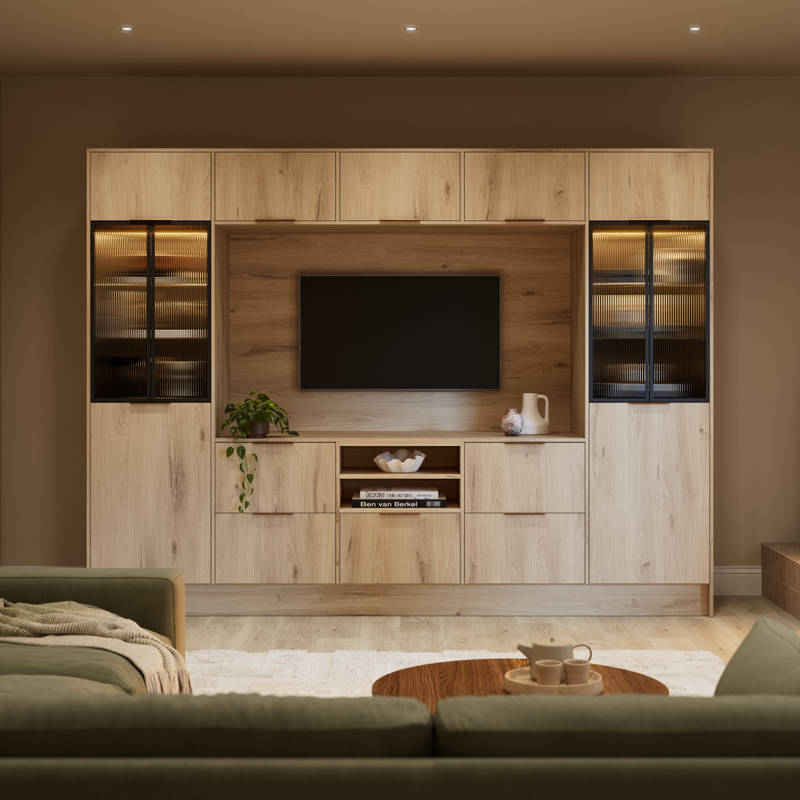 Media wall with Portobello Italian-made woodgrain textured cabinets and fluted glass black aliminum framed vitrine.