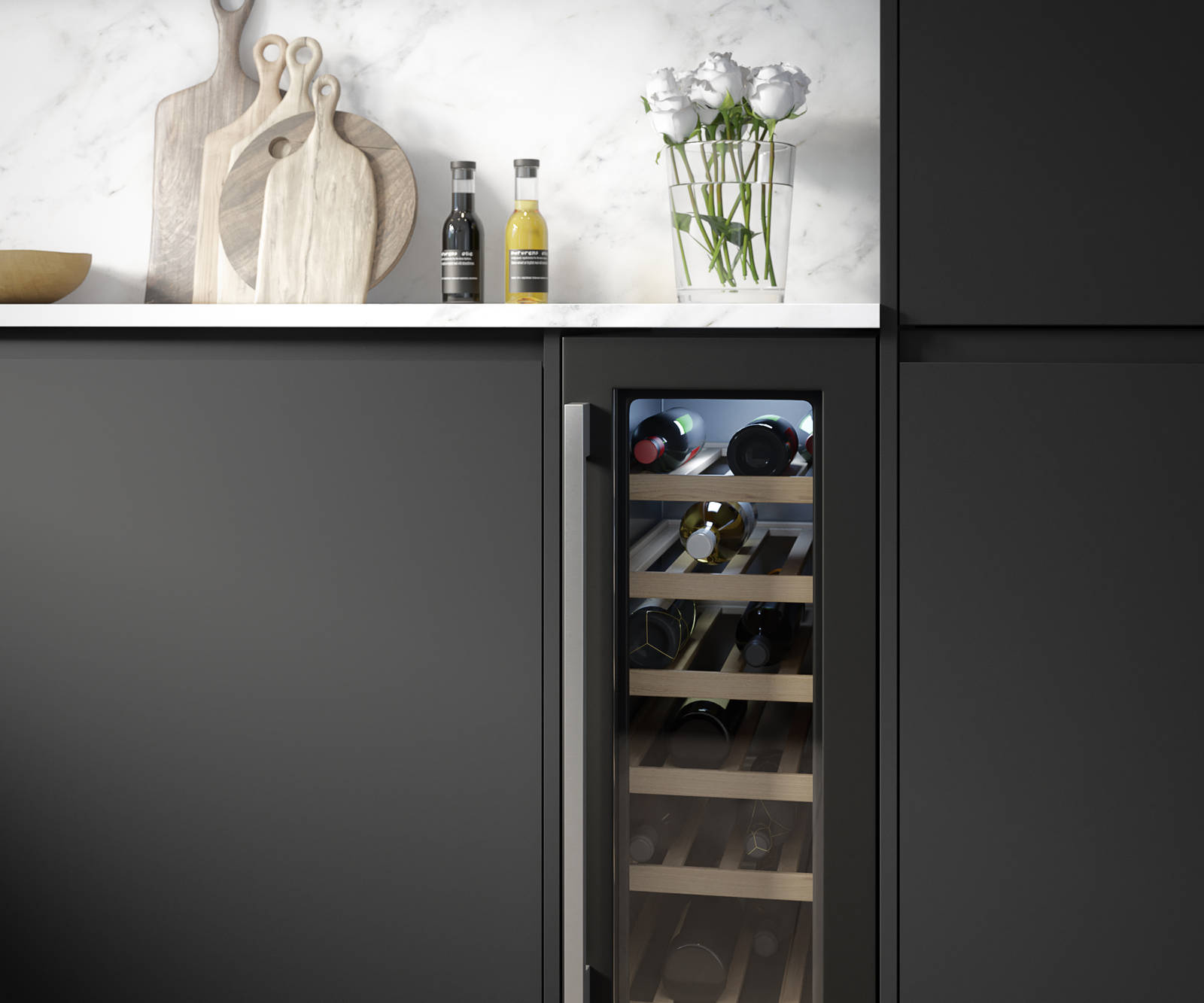 Luna Kitchen from Magnet. An affordable handless black kitchen with integrated J Pull doors for a stylish and modern look.