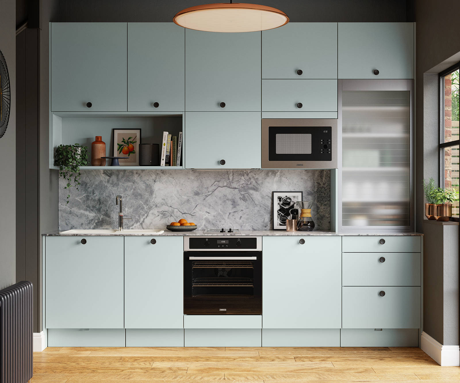 Soho from Magnet. Bold slab doors style this premium contemporary kitchen design available in 20 colours.