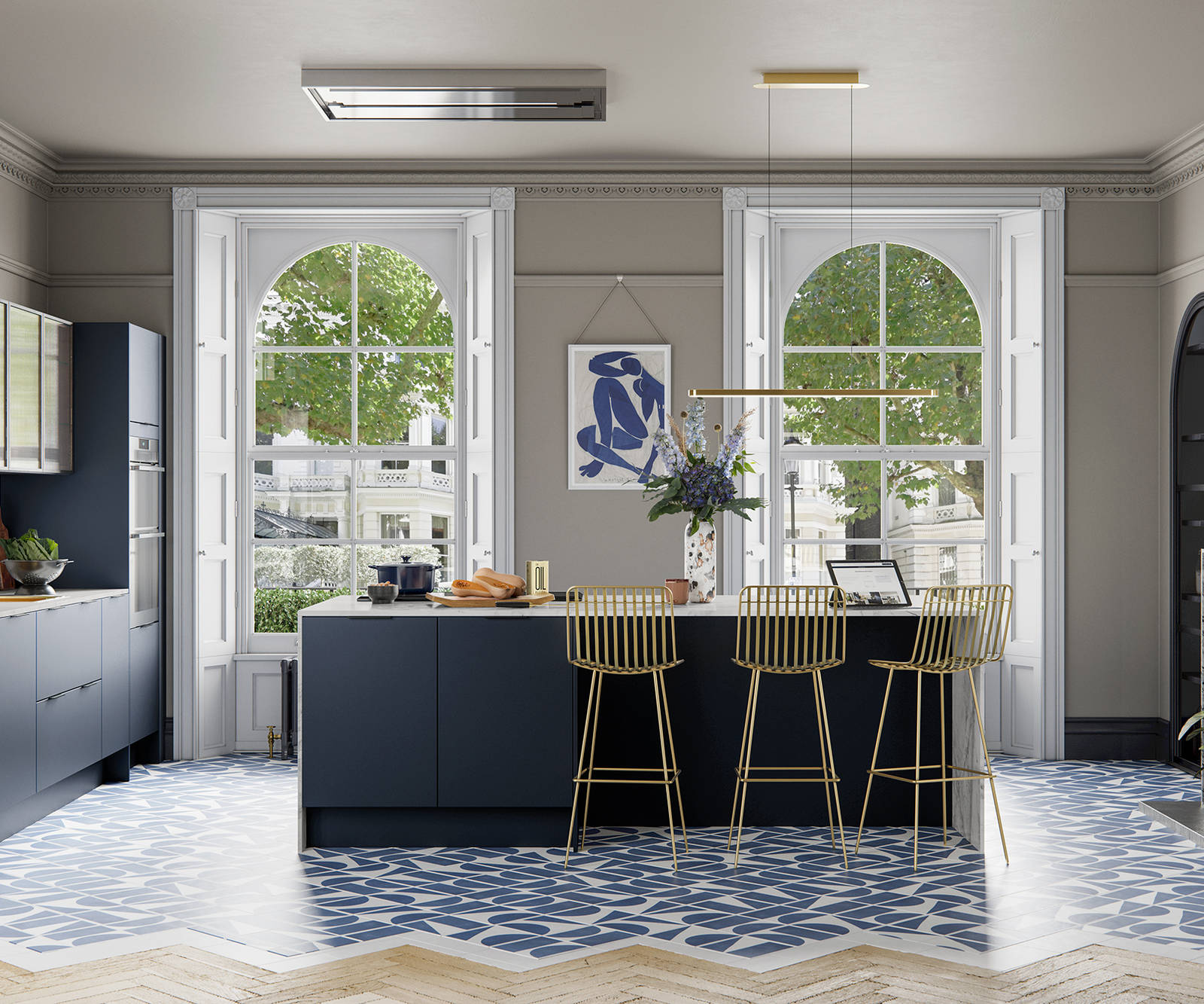Hoxton kitchen. Smooth slab doors in a painted effect finish. Minimalist styling with your choice of handles and three colours.