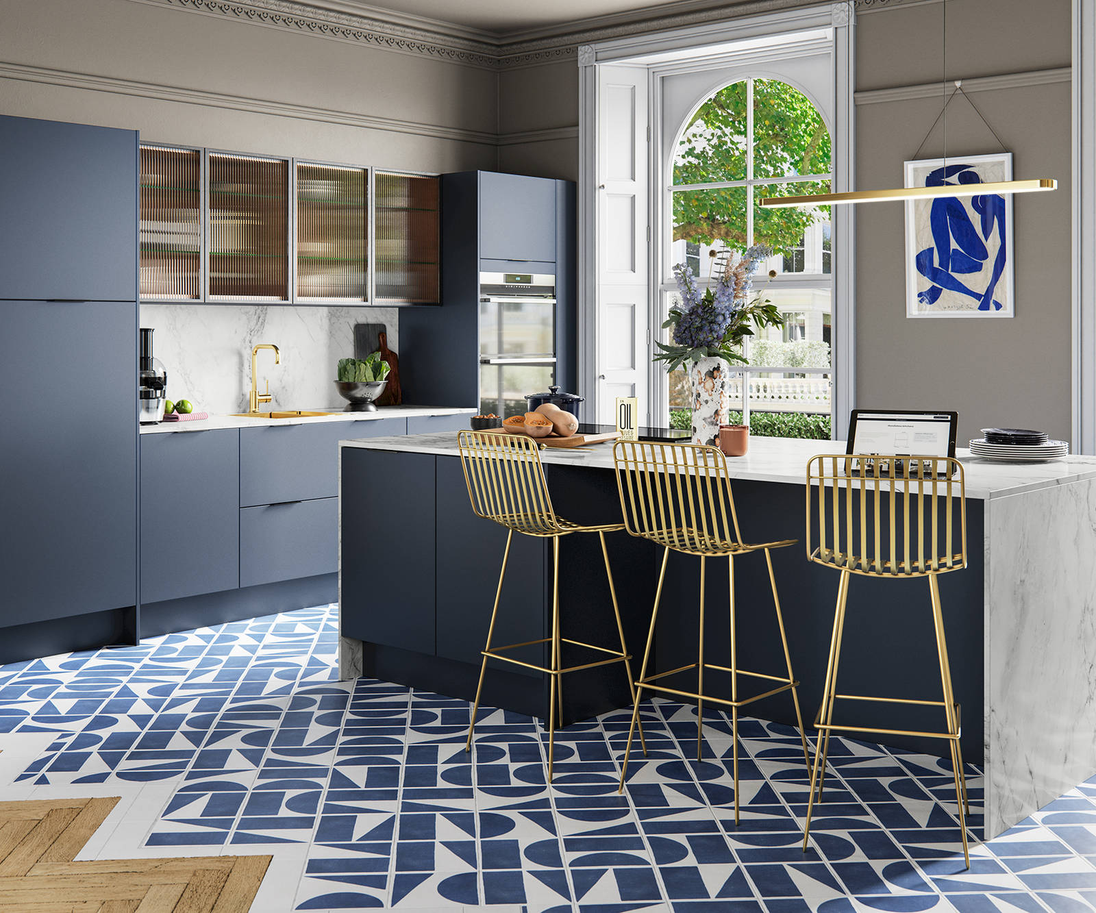 Hoxton kitchen. Smooth slab doors in a painted effect finish. Minimalist styling with your choice of handles and three colours.