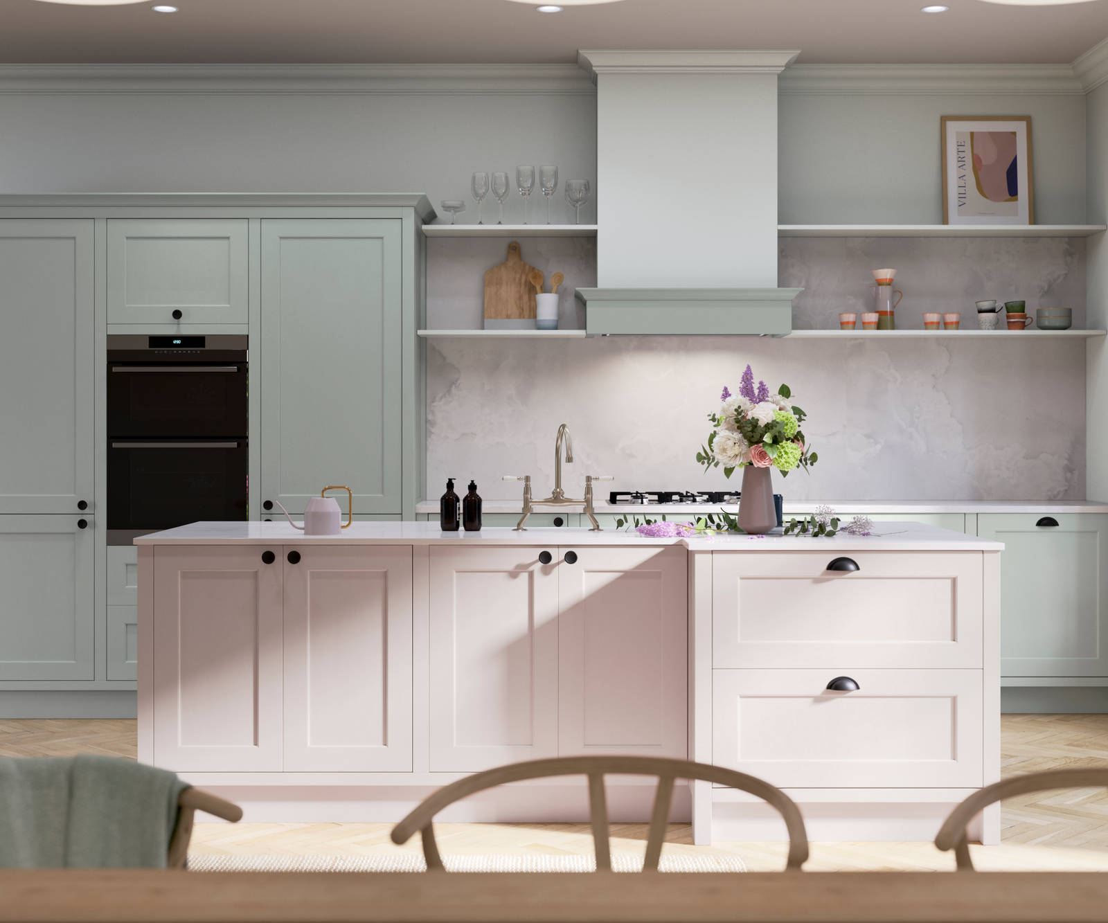 Ludlow, a traditional Shaker-style kitchen range featuring panelled doors with visible woodgrain and beading detail, in the light airy shade Seagrass.