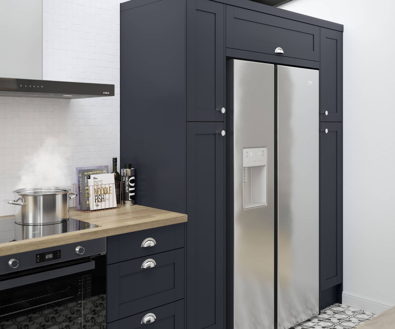 Tatton Midnight kitchen from Magnet, a contemporary dark blue narrow frame shaker door paired with a wood worktop and steel handles.