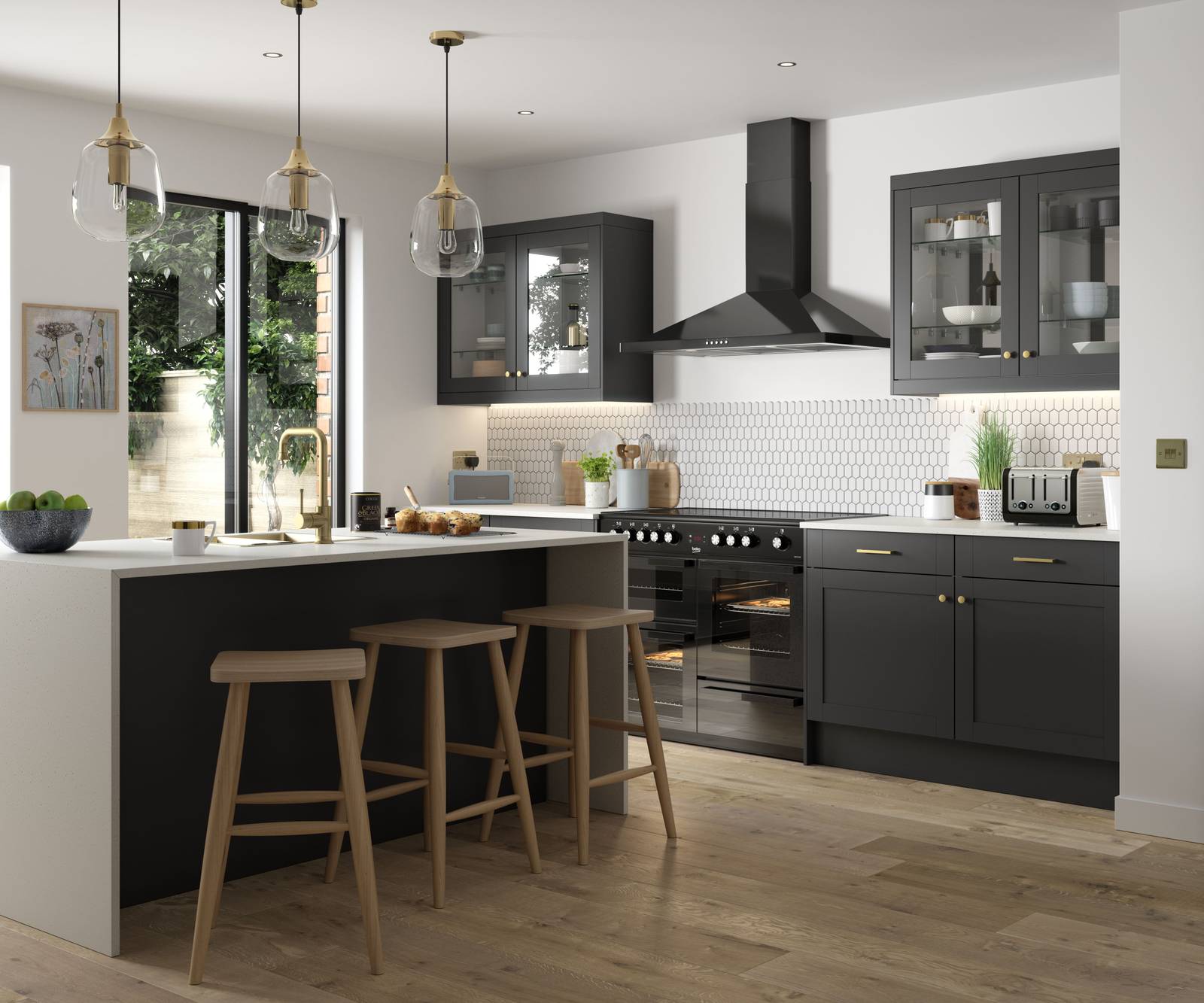 Tatton Graphite kitchen from Magnet, a contemporary dark grey narrow frame shaker door with a kitchen island featuring bar stool seating.