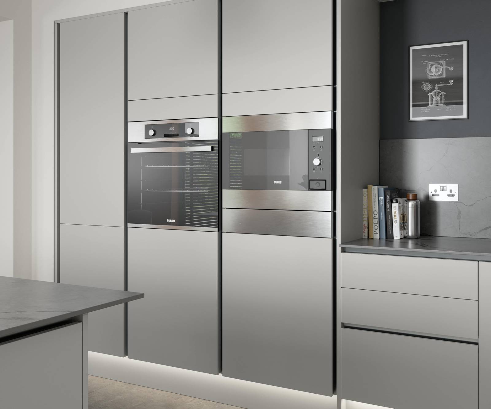 Integra Nova Grey by Magnet. Matt finished handless option with trim brushed in aluminum for a high end feel.