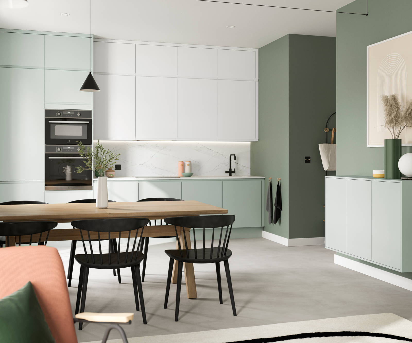 Minimalist kitchen design Luna, in the light and airy green shade Seagrass, with its integrated handle that gives any kitchen a beautiful, sleek finish.