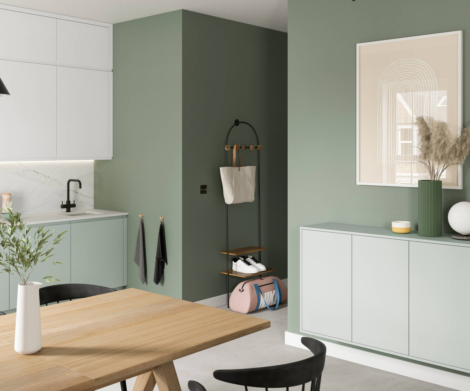 Minimalist kitchen design Luna, in the light and airy green shade Seagrass, with its integrated handle that gives any kitchen a beautiful, sleek finish.