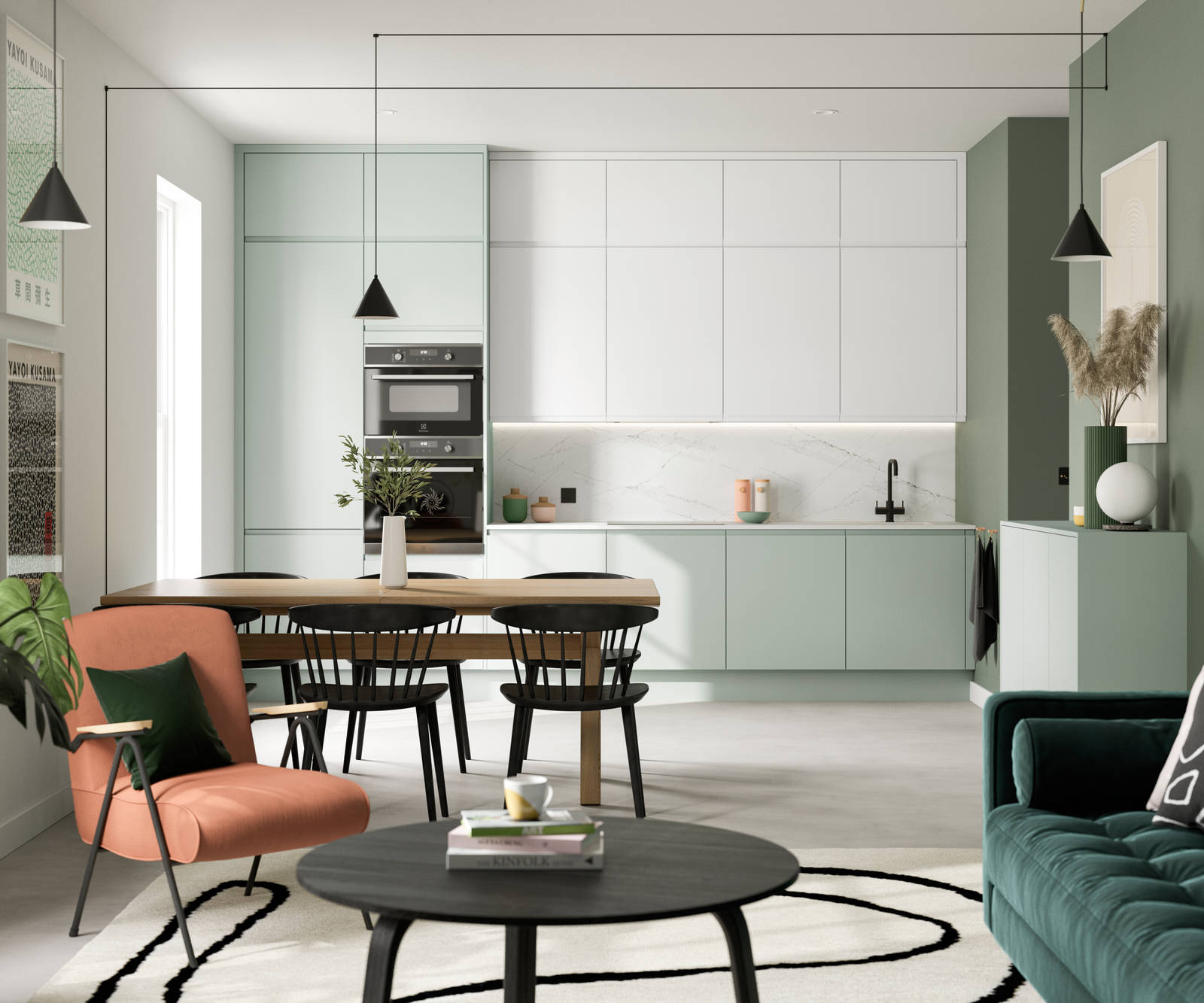 Minimalist kitchen design Luna, in the light and airy green shade Seagrass, with its integrated handle that gives any kitchen a beautiful, sleek finish.