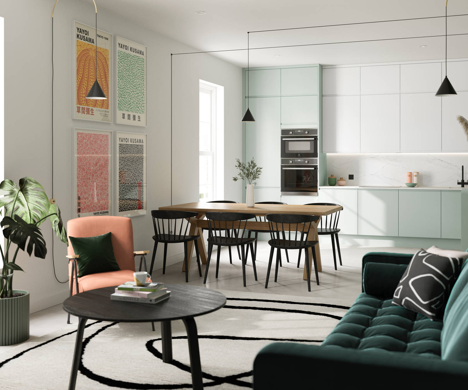 Minimalist kitchen design Luna, in the light and airy green shade Seagrass, with its integrated handle that gives any kitchen a beautiful, sleek finish.