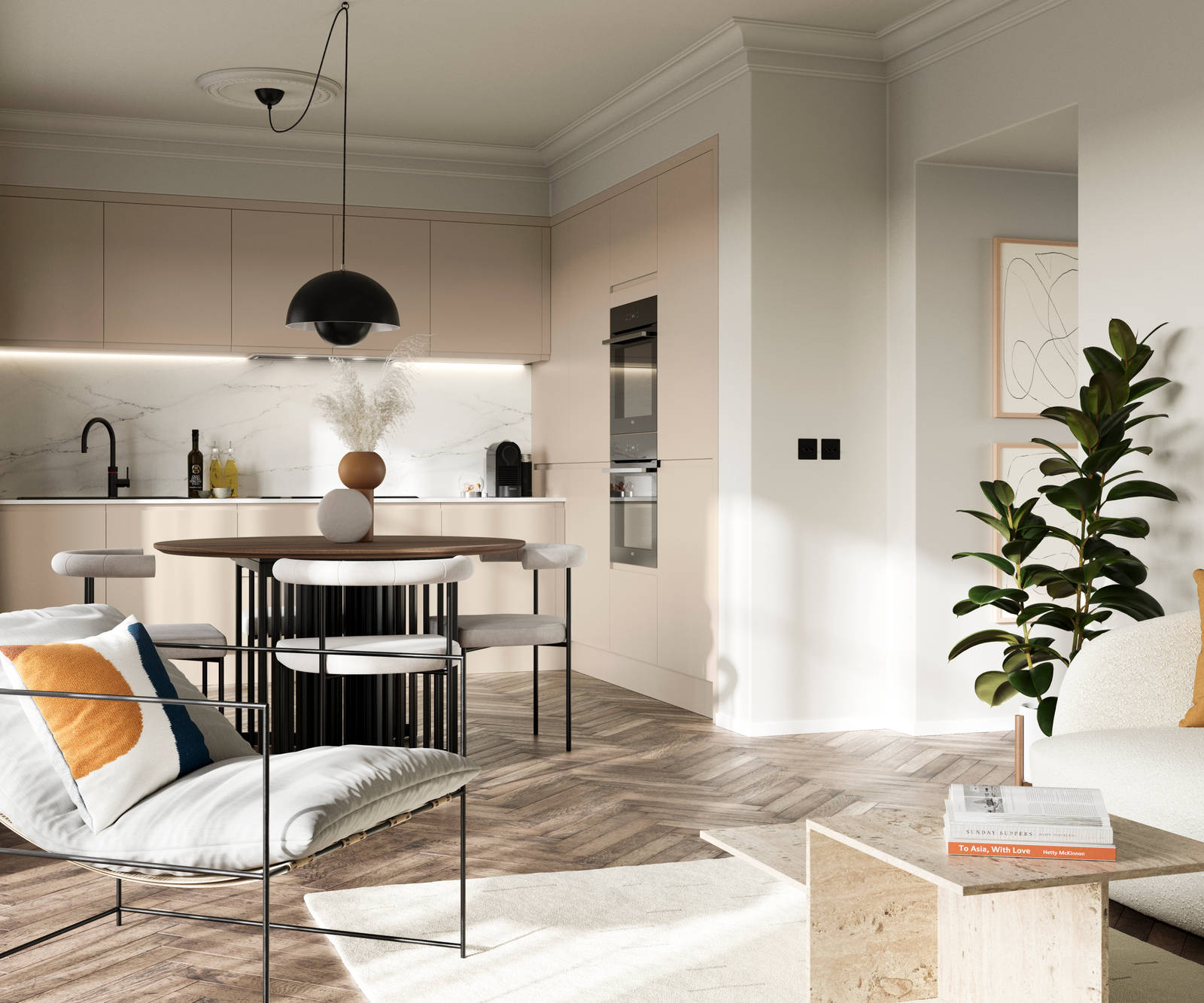 Luna in the shade Pebble is the ideal base for a minimalist kitchen design with its integrated handle that gives any kitchen a beautiful, sleek finish.