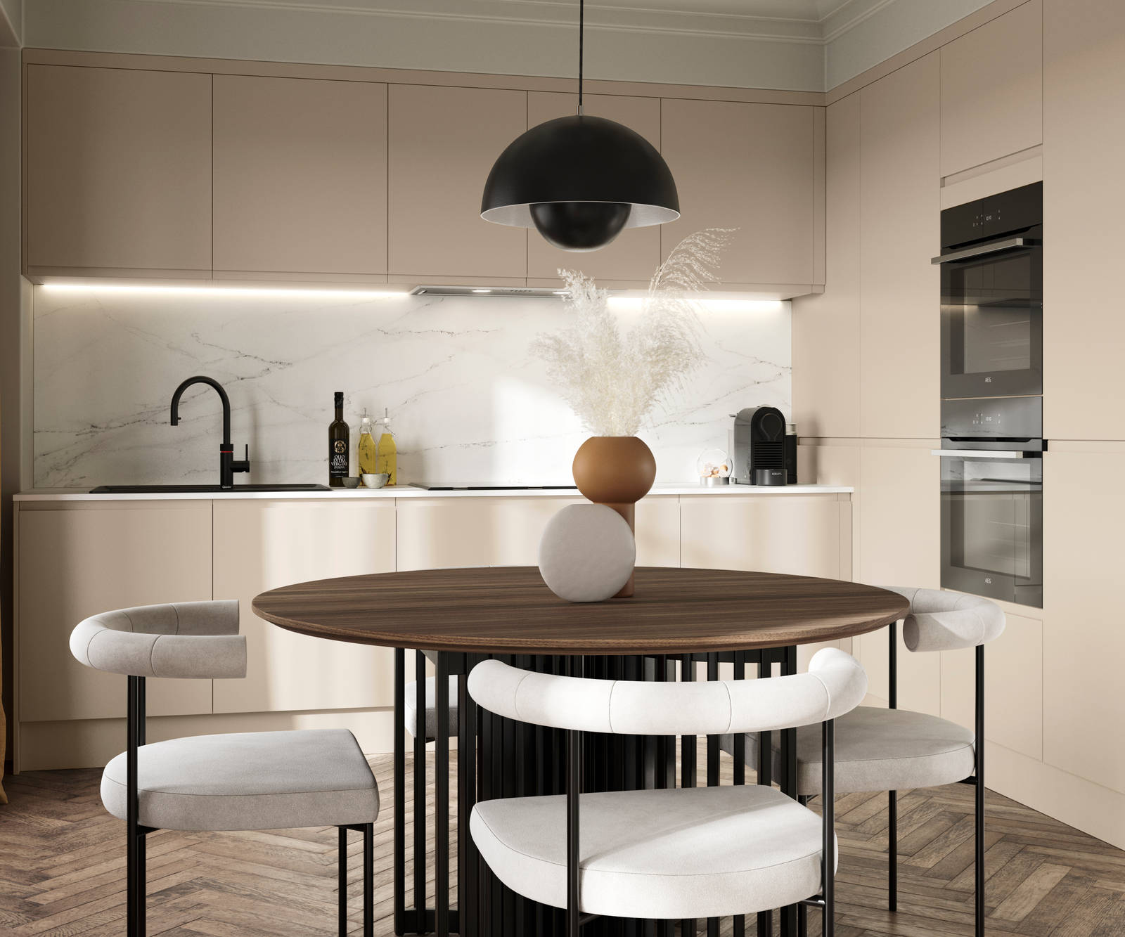 Luna in the shade Pebble is the ideal base for a minimalist kitchen design with its integrated handle that gives any kitchen a beautiful, sleek finish.