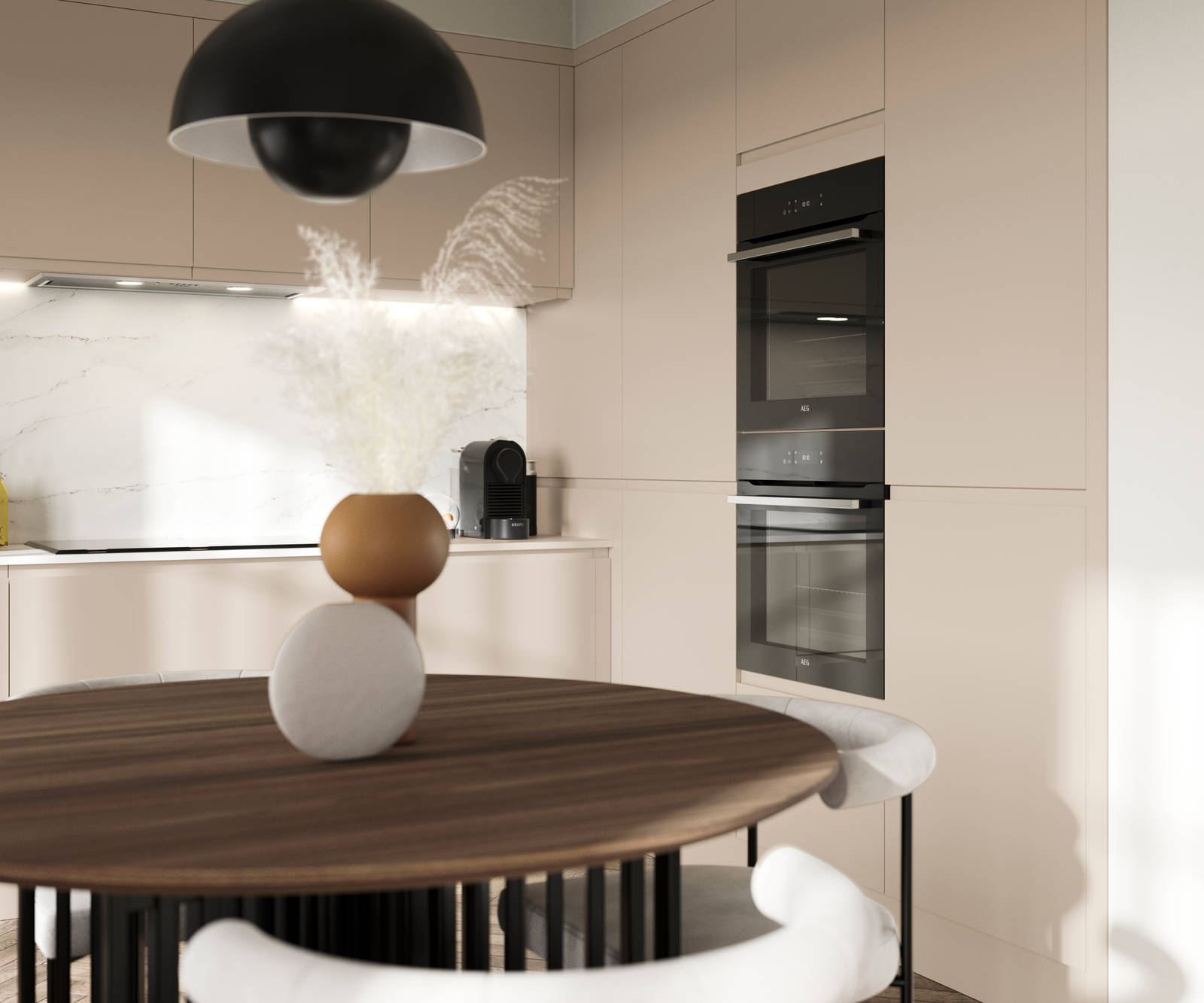 Luna in the shade Pebble is the ideal base for a minimalist kitchen design with its integrated handle that gives any kitchen a beautiful, sleek finish.