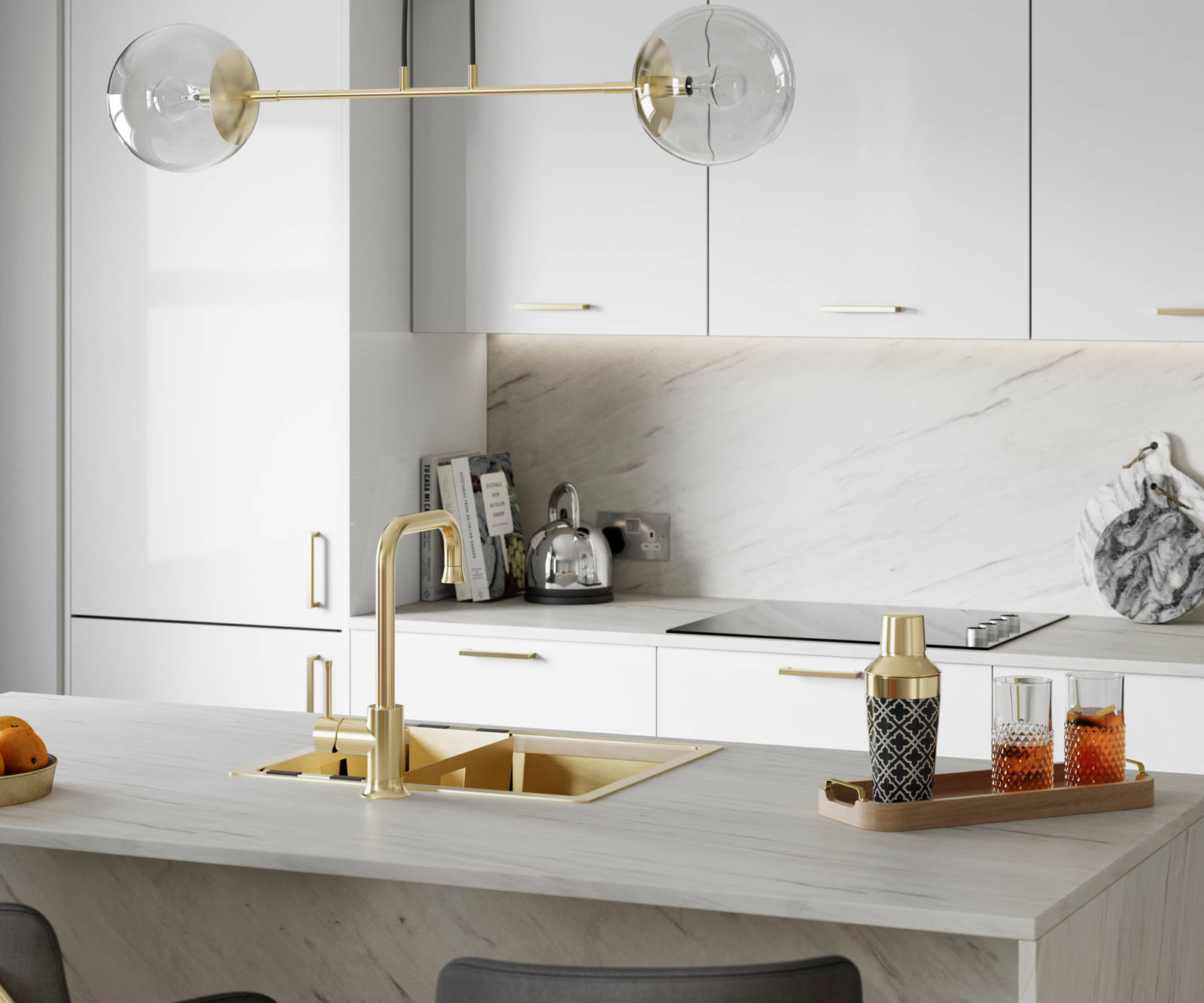 Close-up view of brass details in Nova Gloss White smooth slab surface kitchen.