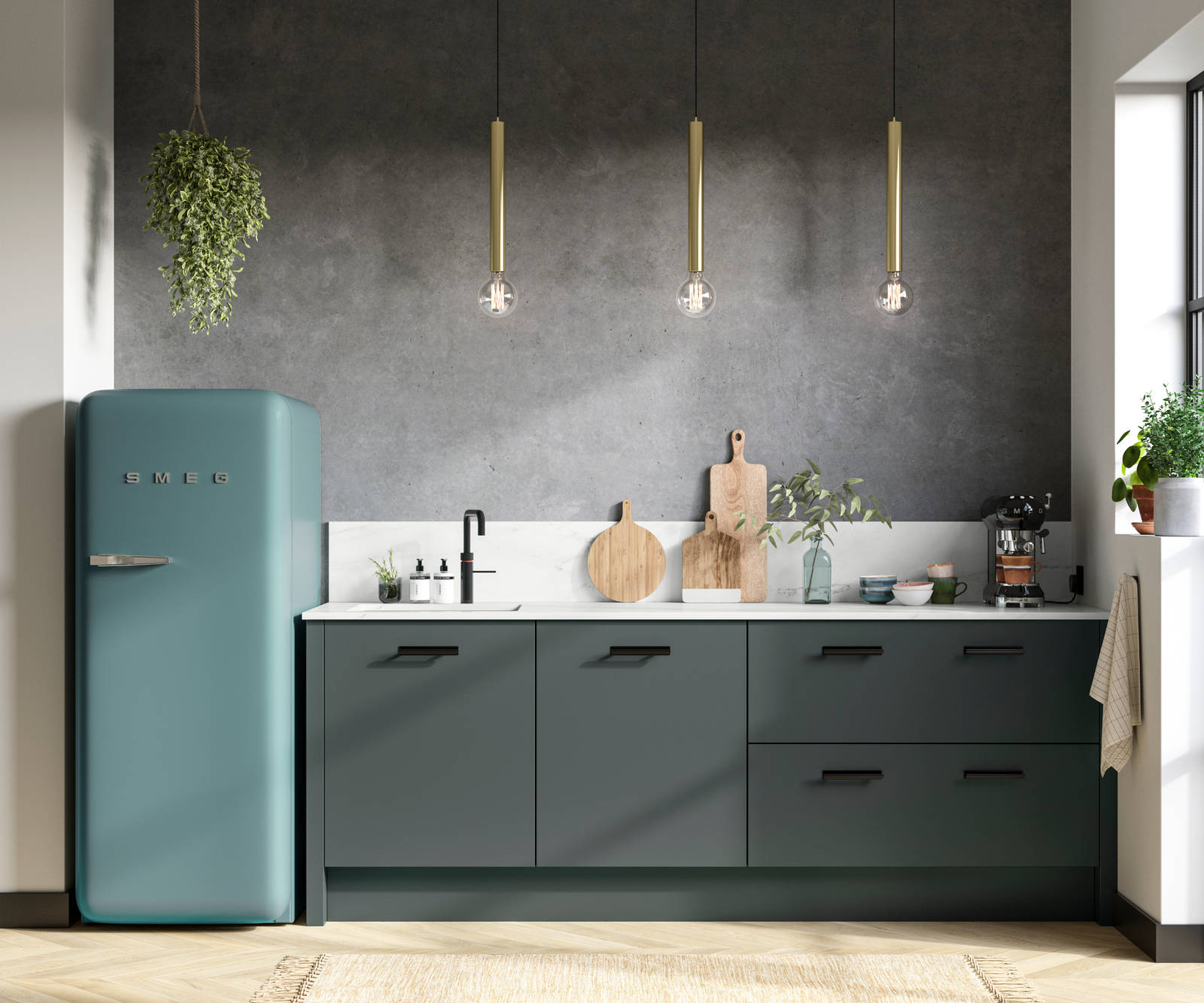 Straight view of modern Soho Arboretum kitchen with black tap and handles, dark grey marbled wall and blue Smeg fridge.