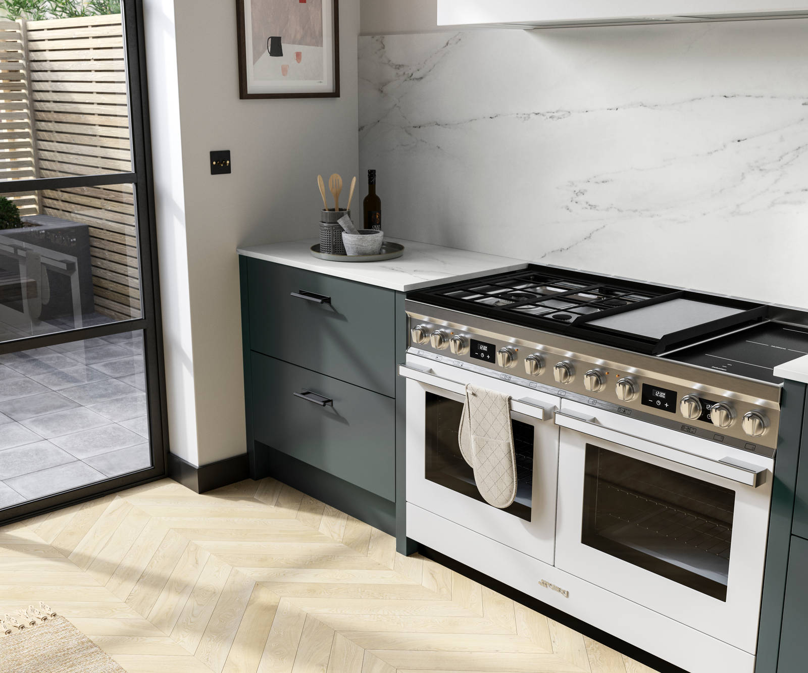 Overhead view of hobs in Soho kitchen in Arboretum Green and marbled worktop with matching splashback