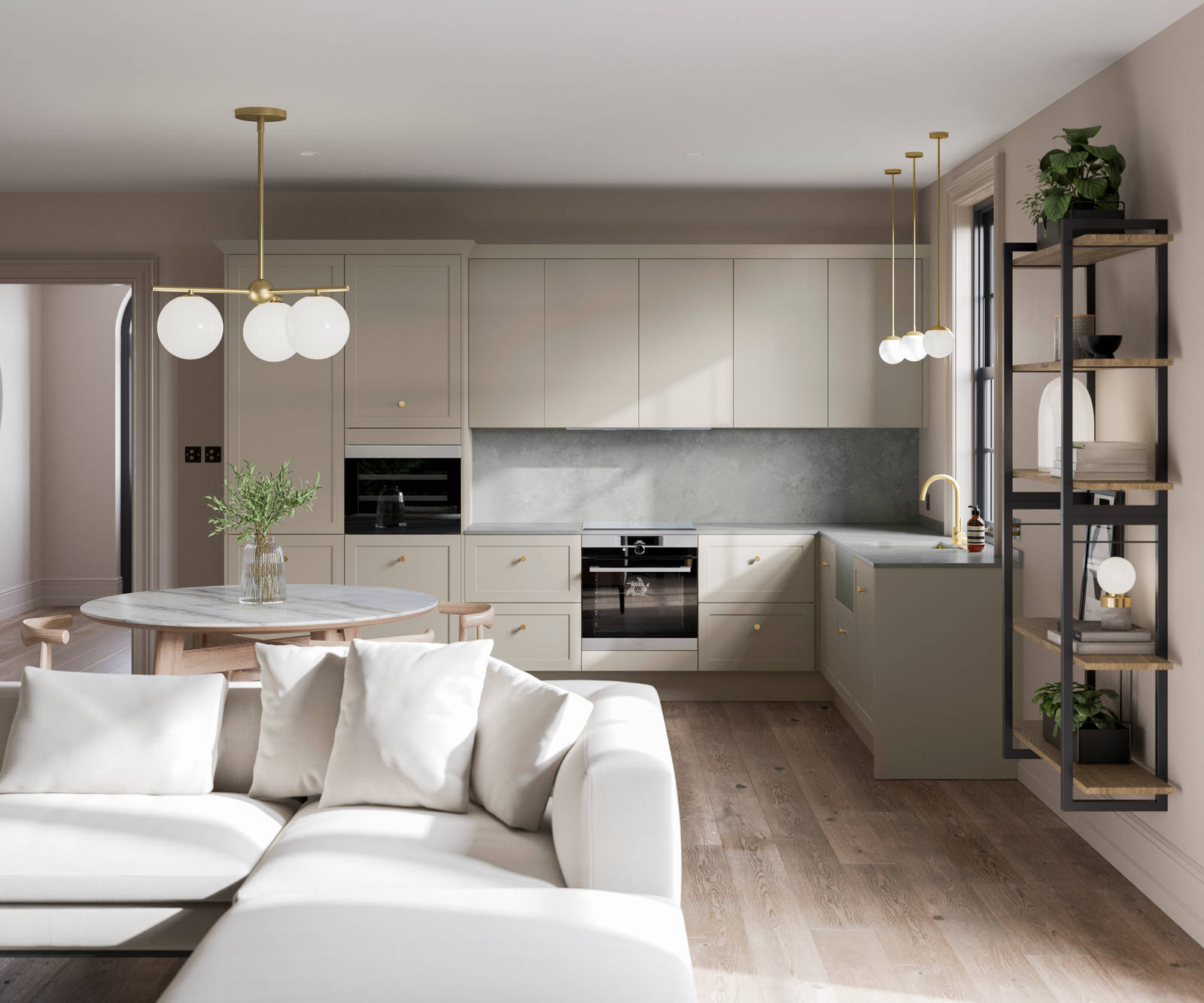 Modern and neutral shade of Dunham kitchen in an open plan kitchen.