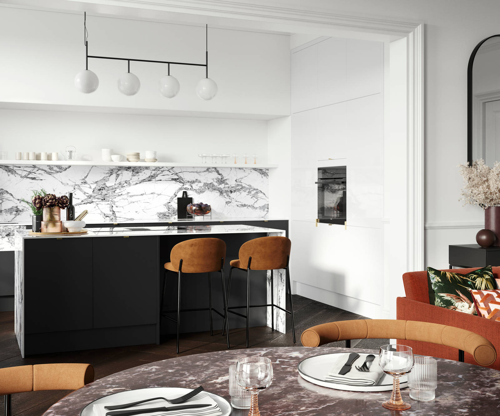 Minimal maximalism with Magnet's Hoxton kitchen in Sumi Black, combined with white marbled worktop and splashbacks and colourful interiors.