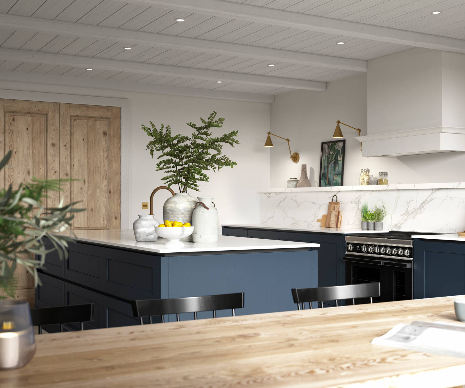 View of kitchen from dining room table, a modern and traditional kitchen decorated with green plats.